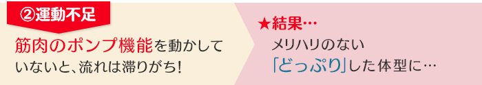 2.運動不足「筋肉のポンプ機能を動かしていないと、流れは滞りがち！」　結果…メリハリのない「どっぷり」した体型に…